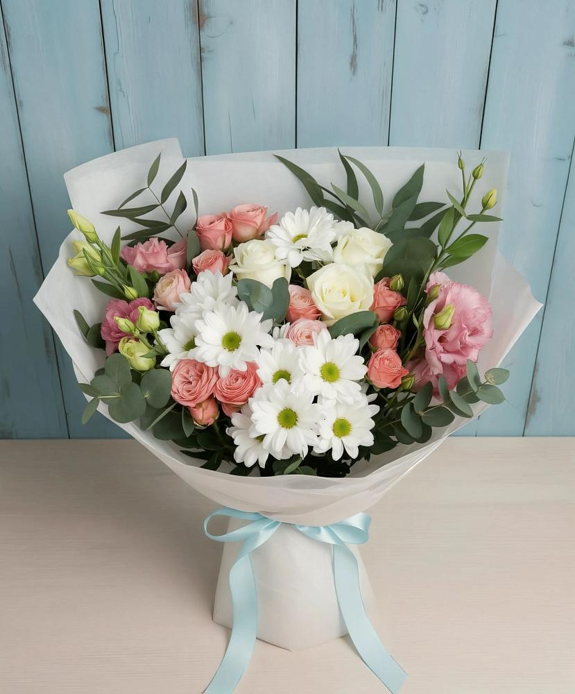 Букет цветов из: Розы, Лизиантусы и Хризантемы в Гарболово