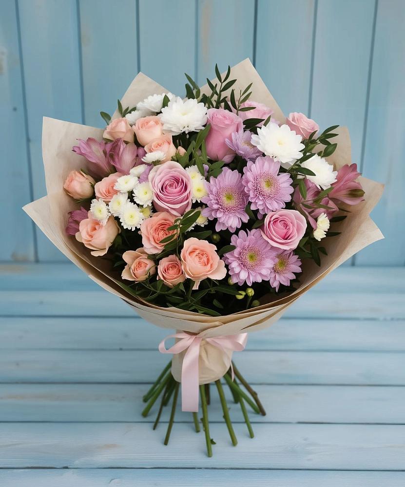 Букет цветов из: Хризантемы, Розы и Альстромерии в Гарболово