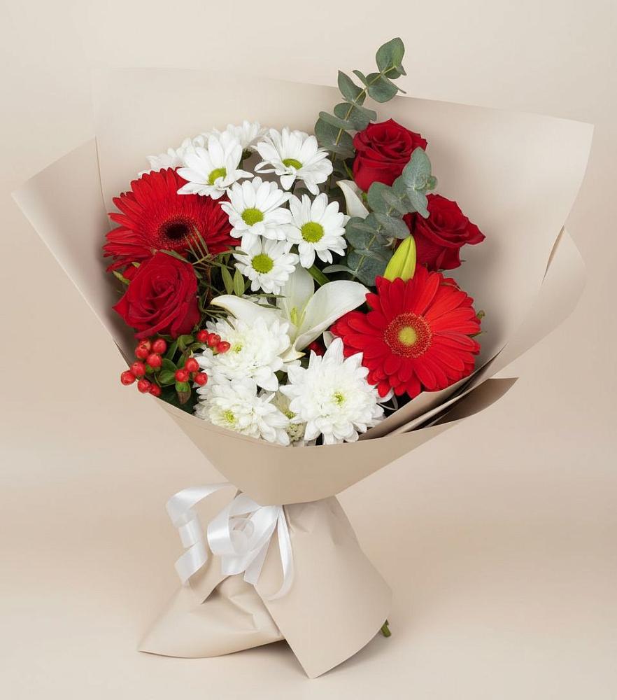 Букет цветов из: Розы, Хризантемы, Герберы и Лилии в Гарболово